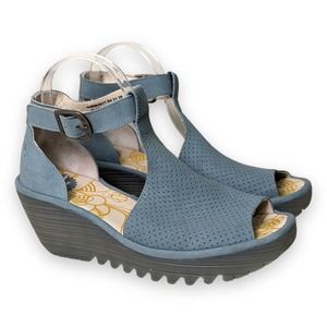 Fly London Yate Perforated Leather Wedge Ankle Strap Sandals Women's 39